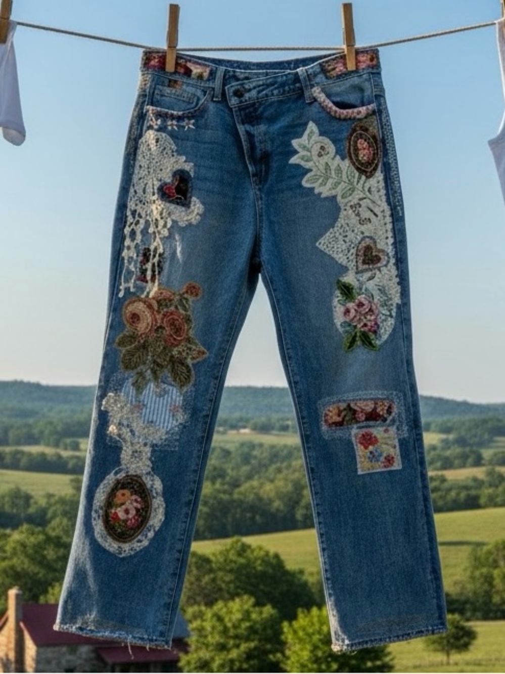 One‑of‑a‑Kind Upcycled Jeans – Vintage Fabric & Lace Patchwork - CottageCore W31